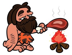 Cartoon Illustration Of Caveman Wearing Sabertooth Leather Outfit Cooking A Meat With Bonfire. Best For Sticker, Logo, And Mascot With Prehistoric Themes