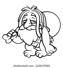 Cartoon illustration of Caveman wearing sabertooth skin outfit and carrying a raw meat to eat. Best for logo, outline, and coloring book with stone age themes for kids