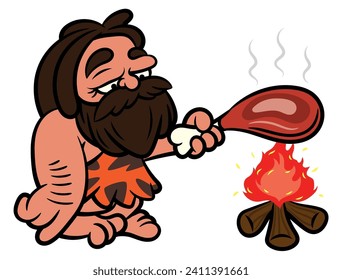 Cartoon illustration of Caveman wearing sabertooth leather outfit cooking a meat with bonfire. Best for sticker, logo, and mascot with prehistoric themes