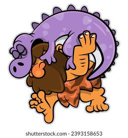 Cartoon illustration of Caveman wearing Sabretooth skin cloth, carrying a sleeping dinosaur baby and moving to his cave as a pet. Best for sticker, logo, and mascot with Jurassic themes