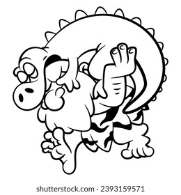 Cartoon illustration of Caveman wearing Sabretooth skin cloth, carrying a sleeping dinosaur baby and moving to his cave as a pet. Best for outline, logo, mascot, and coloring book with Jurassic themes