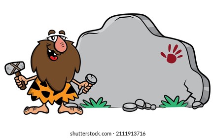 Cartoon illustration of caveman writing inscription in stone wall with hammer and chisel made of stones, best for mascot, logo, sticker, and decoration with stone age themes