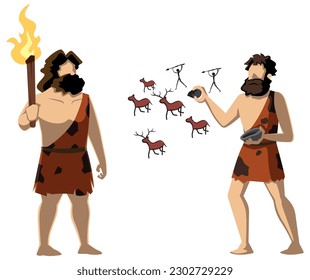 Cartoon illustration of cavemen drawing cave paintings.