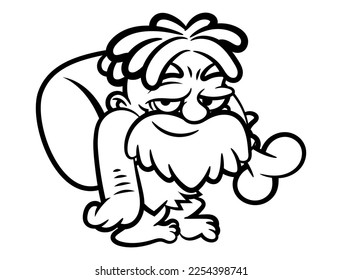 Cartoon illustration of Cavemen with dreadlocks and beard, wearing animal leather outfit, carrying a fresh meat in his shoulder. Best for outline, logo, and coloring book with primitive life themes