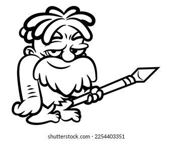Cartoon illustration of Cavemen with dreadlocks and beard, wearing animal leather outfit, carrying a javelin made from wood and stone. Best for outline and coloring book with primitive life themes