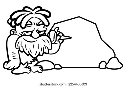 Cartoon illustration of Cavemen with dreadlocks and beard, wearing animal leather outfit, writing an epigraph with nails made of stones. Best for outline and coloring book with primitive life themes