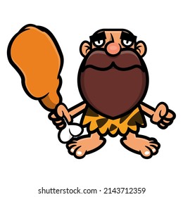 Cartoon illustration of cavemen wearing clothes made of leopard skin holding a big meat, best for mascot, logo, and sticker with primordial themes