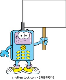Cartoon illustration of a cell phone holding a sign.