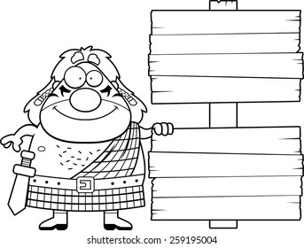 A cartoon illustration of a Celtic warrior with a sign.