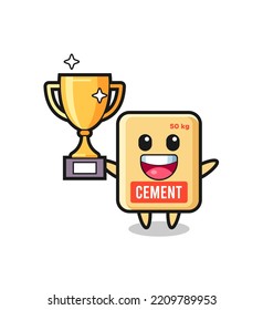 Cartoon Illustration of cement sack is happy holding up the golden trophy , cute design