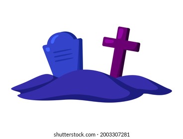 Cartoon illustration of cemetery with gravestone and cross. Happy Halloween celebration.