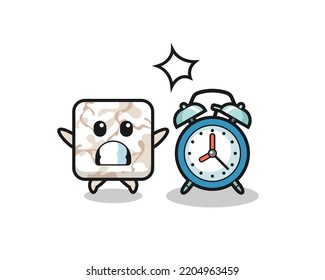 Cartoon Illustration of ceramic tile is surprised with a giant alarm clock , cute design