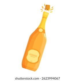 Cartoon illustration of a champagne bottle popping its cork, releasing golden bubbles of celebration