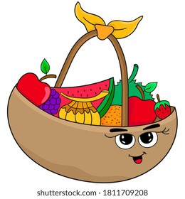 cartoon illustration of a character basket containing various kinds of fruit