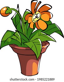 Cartoon illustration character orange flower in a pot smiles