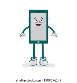 ilustración de un personaje en forma de teléfono móvil con manos y pies. con un diseño sencillo y bonito. adecuado para portada de libros.
