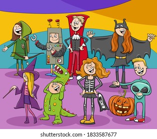 Cartoon Illustration of Characters Group at the Halloween Party