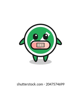 Cartoon Illustration of check mark with tape on mouth , cute design