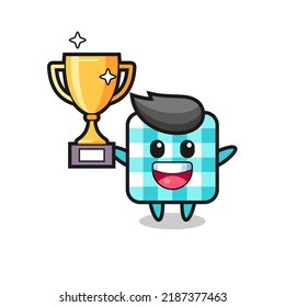 Cartoon Illustration of checkered tablecloth is happy holding up the golden trophy , cute style design for t shirt, sticker, logo element
