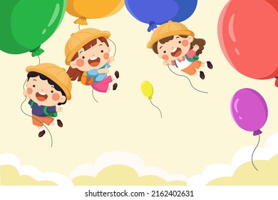 Cartoon illustration of cheerful boys and girls holding colorful rising balloons on yellow sky background. Design for back to school