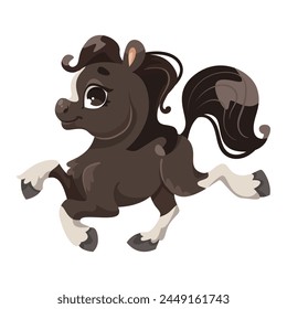 Cartoon illustration of a cheerful brown pony prancing on a plain white background. Vector illustration