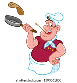 Cartoon illustration of a cheerful chef baking pancakes. Cook throwing a pancake in the air with his frying pan.