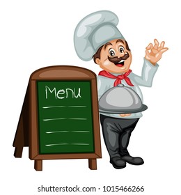 Cartoon Illustration of a Cheerful Chef Cook Standing Near Restaurant Menu Stand