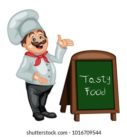 Cartoon Illustration of a Cheerful Chef Cook Standing Near Restaurant Menu Stand