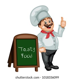 Cartoon Illustration of a Cheerful Chef Cook Standing Near Restaurant Menu Stand