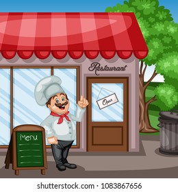 Cartoon Illustration of a Cheerful Chef Cook Standing Near Restaurant Menu Stand