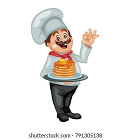 Cartoon Illustration of a Cheerful Chef. Cook Showing Ok Sign and Holding a Tray with Hot Pancakes with Honey and Butter