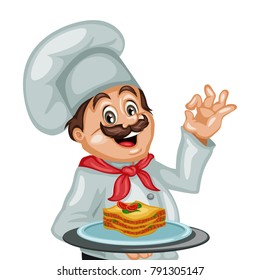 Cartoon Illustration of a Cheerful Chef. Cook Showing Ok Sign and Holding a Tray with Tasty Lasagna