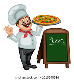 Cartoon Illustration of a Cheerful Chef Near Pizza House Stand. Cook Showing Ok Sign and Holding a Tray with Pizza