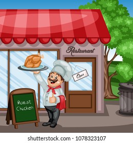 Cartoon Illustration of a Cheerful Chef Near Restaurant Menu Stand. Cook Showing Ok Sign and Holding a Tray with Roast Chicken