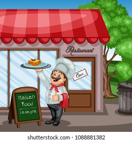 Cartoon Illustration of a Cheerful Chef near Italian Food Restaurant Menu Sign. Cook Showing Ok Sign and Holding a Tray with Tasty Lasagna