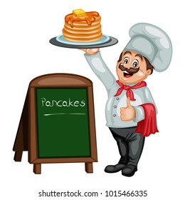 Cartoon Illustration of a Cheerful Chef Next to Menu Stand. Cook Showing Ok Sign and Holding a Tray with Hot Pancakes with Honey and Butter
