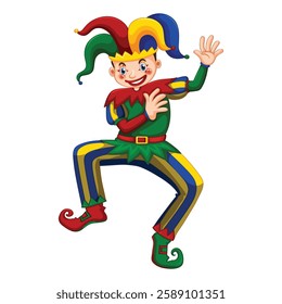 Cartoon illustration of a cheerful clown with a red nose and a green hat