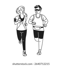 Cartoon illustration of a cheerful couple jogging. They wear sports attire and accessories. Black and white style. Represents outdoor fitness activity.