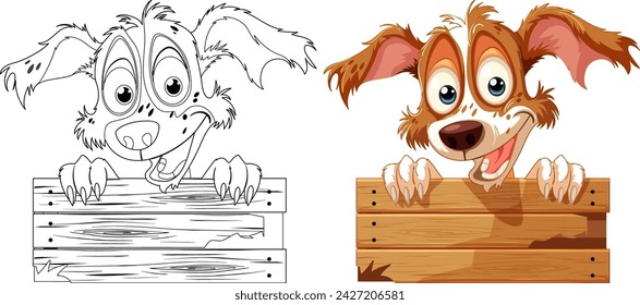 Cartoon illustration of a cheerful dog behind a fence.