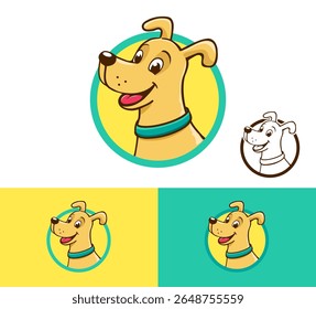 Cartoon illustration of a cheerful dog with a light brown coat, large eyes, and a blue collar, circular design
