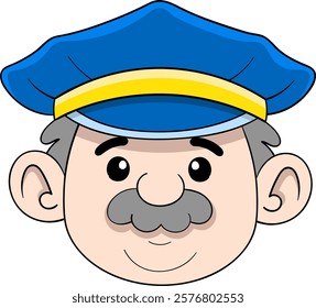 A cartoon illustration of a cheerful elderly policeman with a prominent mustache, wearing a blue cap with a yellow stripe