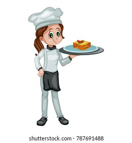 Cartoon Illustration of a Cheerful Female Chef. Cook Holding a Lasagna Pizza on a Tray