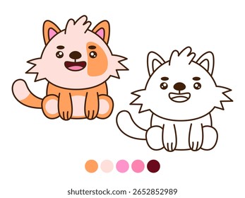 Cartoon illustration of a cheerful ginger cat, both colored and as an outline for coloring. Ideal for children's activities or pet-themed designs.