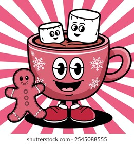 Cartoon illustration of a cheerful hot chocolate cup with marshmallows and a gingerbread cookie, featuring a pink festive background with snowflakes.  
