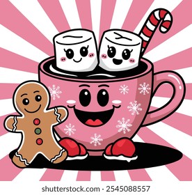 Ilustração em desenhos animados de um alegre copo de chocolate quente com marshmallows e um biscoito de gengibre, com um fundo festivo rosa com flocos de neve.  
