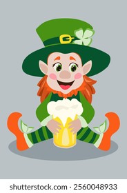 Cartoon illustration of a cheerful leprechaun holding a frothy mug of beer, wearing a green hat with a shamrock, green clothes, and orange boots