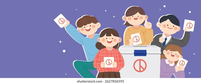 Cartoon illustration of cheerful people voting together in an election campaign.