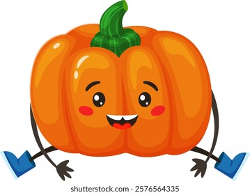 Cartoon illustration of a cheerful pumpkin character sitting with its legs spread wide apart, wearing blue boots and sporting a joyful expression