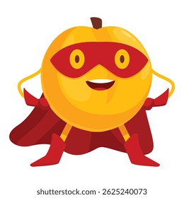 Cartoon illustration of a cheerful pumpkin superhero wearing a red cape and mask, promoting healthy eating habits and celebrating halloween