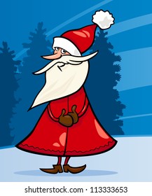 Cartoon Illustration of Cheerful Santa Claus or Papa Noel against Evening Sky and Christmas Tree